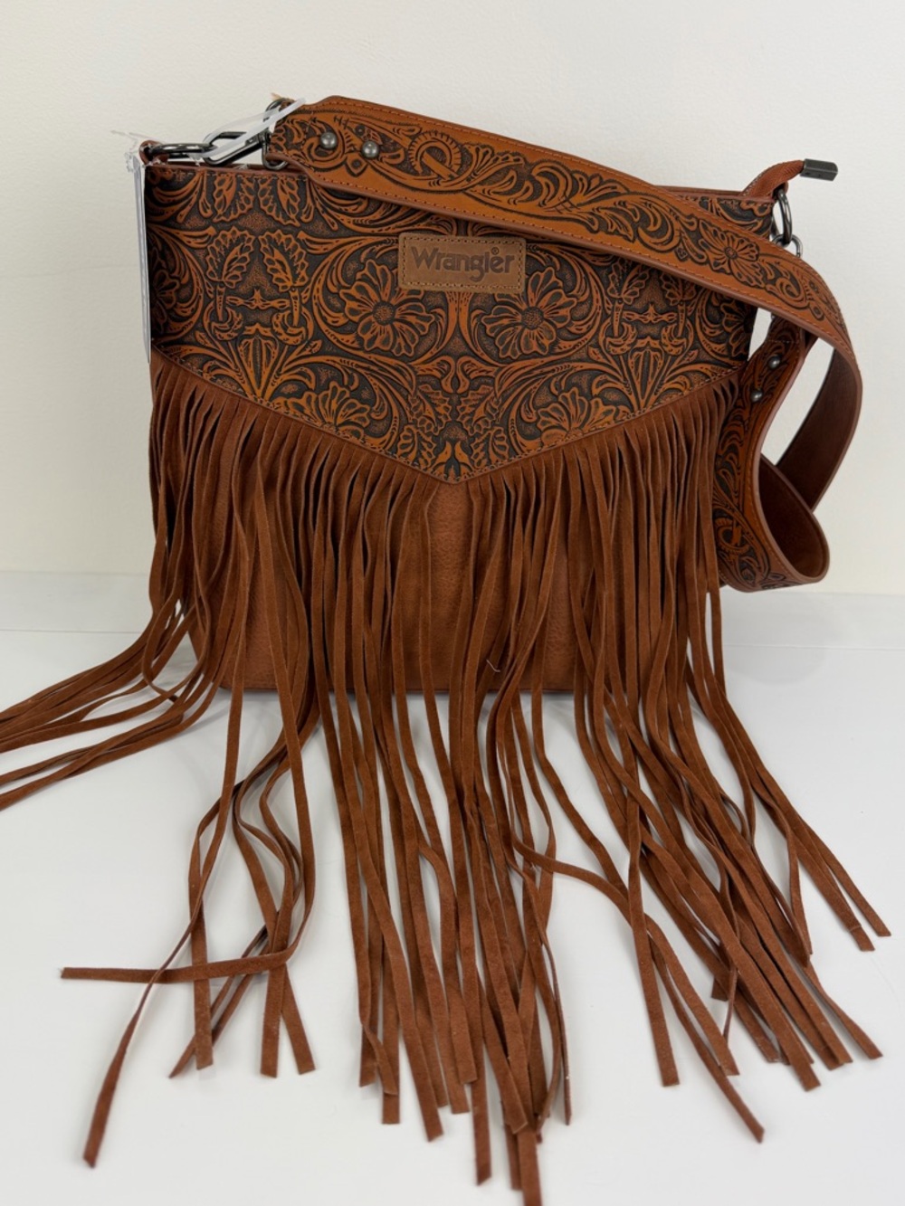 Wrangler Fringe Crossbody Tooled Brown Western Boho Vegan Leather NWT